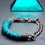Turquoise- Blue Half Bead Half Stainless Steel Wheat Chain (8mm) Lobster Clasp Natural Gemstone Crystal Energy Bead Bracelet