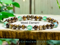 Wood Element Bracelet•Green Aura Crystal, Tiger Eye•Custom Size•Stretch•Minimalist (6mm) Natural Gemstone Crystal Energy Bead Bracelet