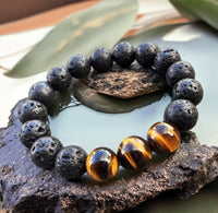 Lava Stone•Black Lava Rock + Tiger Eye Aromatherapy Custom Size Round Stretch (8mm) Natural Gemstone Crystal Energy Bead Bracelet