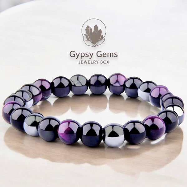 Triple Protection - Tiger Eye Purple + Black Onyx + Hematite Custom Size Round Smooth Stretch (10mm Grande Large) Natural Gemstone Crystal Energy Bead Bracelet