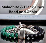 Malachite + Black Onyx - Green/Black•Beads Meet Chain•Silver or Gun Black Stainless Steel Cuban Curb Link Chain (8mm) Toggle Clasp Heavy Natural Gemstone Crystal Energy Bead Bracelet