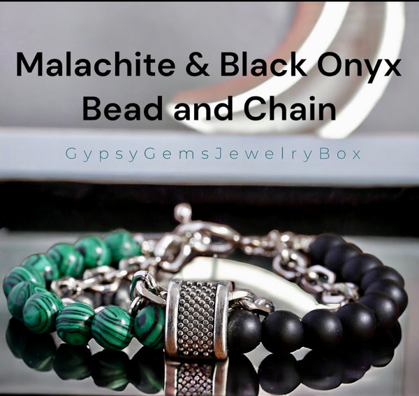 Malachite + Black Onyx - Green/Black•Beads Meet Chain•Silver or Gun Black Stainless Steel Cuban Curb Link Chain (8mm) Toggle Clasp Heavy Natural Gemstone Crystal Energy Bead Bracelet