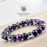 Triple Protection - Tiger Eye Purple + Black Onyx + Hematite Custom Size Round Smooth Stretch (10mm Grande Large) Natural Gemstone Crystal Energy Bead Bracelet