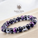 Triple Protection - Tiger Eye Purple + Black Onyx + Hematite Custom Size Round Smooth Stretch (10mm Grande Large) Natural Gemstone Crystal Energy Bead Bracelet