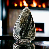 Tourmaline Black Raw Natural Gemstone .925 Sterling Silver Point Statement Ring (Size 7)