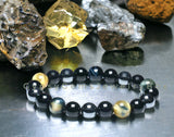 Triple Protection - Tiger’s Eye Dream Honey Yellow + Black Onyx + Hematite Round Smooth Stretch (8mm or 10mm beads) Natural Gemstone Crystal Energy Bead Bracelet