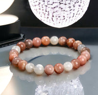 Sunstone Peach + Rainbow Moonstone + Mix Color Moonstone Custom Size Round Smooth Stretch (8mm) Natural Gemstone Crystal Energy Bead Bracelet