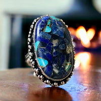 Lapis Lazuli + Turquoise Copper Orgone Natural Gemstone .925 Sterling Silver Oval Ring (Size 7)