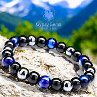 Triple Protection - Tiger Eye Royal Blue + Black Onyx + Hematite Custom Size Round Smooth Stretch (8mm or 10mm beads) Natural Gemstone Crystal Energy Bead Bracelet