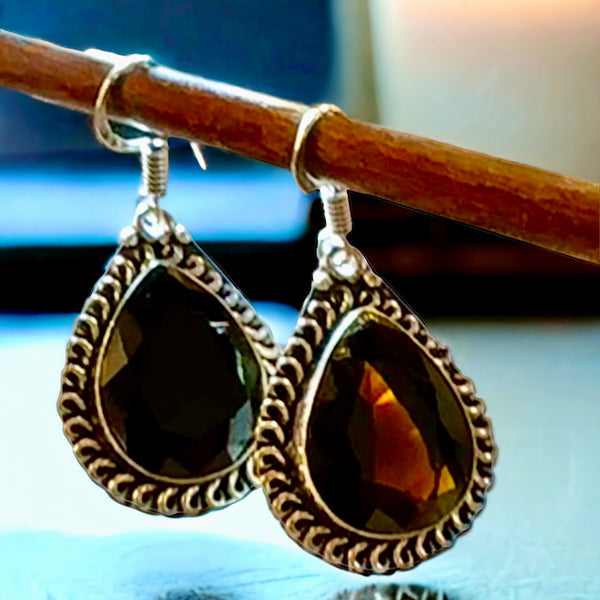 Topaz Golden Natural Gemstone Pear Drop Dangle Hook .925 Sterling Silver Stamped Earrings