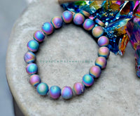 Agate - Druzy Aura Titanium (Flame) Rainbow Peacock Quartz Custom Size Frost Matte Rustic Round Stretch (8mm) Natural Gemstone Crystal Energy Bead Bracelet