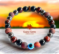 Triple Protection - Tiger Eye Red + Black Obsidian + Hematite + Evil Eye + Rosewood Custom Size Round Smooth Stretch (8mm) Natural Gemstone Crystal Energy Bead Bracelet