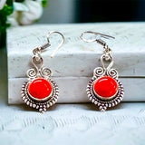 Red Coral Natural Gemstone Circle Drop Scroll Beaded Dangle Hook .925 Sterling Silver Stamped Earrings