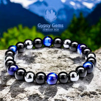 Triple Protection - Tiger Eye Royal Blue + Black Onyx + Hematite Custom Size Round Smooth Stretch (8mm or 10mm beads) Natural Gemstone Crystal Energy Bead Bracelet