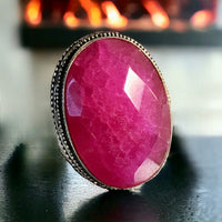 Ruby Natural Gemstone .925 Sterling Silver Faceted Oval Statement Ring (Size 8.5)