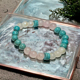 Turquoise - Blue Custom Size + Rainbow Moonstone + Rose Quartz - “Rise Above” - Round Smooth Stretch (8mm) Natural Gemstone Crystal Energy Bead Bracelet