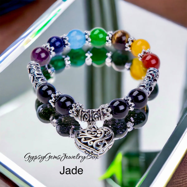 7 Chakra & Silver Heart Charm - FOUR Different Style Choices: Obsidian • Jade • Tiger Eye • Green Imperial Jasper (10mm) Round Smooth Stretch Natural Gemstone Crystal Energy Bead Bracelets