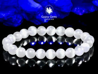 Selenite Genuine White Satin Spar Custom Size Round Smooth Stretch (8mm) Natural Gemstone Crystal Energy Bead Bracelet