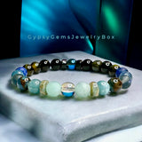 Water Element Bracelet•Aura Crystal, Amazonite, Aquamarine, Cloisonné, Apatite, Lapis Lazuli, Blue Tiger Eye, Obsidian, Blue Aura, Ebony Wood, Serpentine • Custom Size - Round Smooth Stretch (8mm) Natural Gemstone Crystal Energy Bead Bracelet