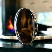 Onyx Banded Sardonyx Natural Gemstone .925 Sterling Silver Oval Statement Ring (Size 8.25)