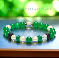 Jade - Jadeite Imperial Green•Opalite•Black Lava Stone•Custom Size Round Smooth Stretch (8mm) Natural Gemstone Crystal Energy Bead Bracelet