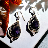 Amethyst Natural Gemstone Pear Drop Dangle Hook .925 Sterling Silver Stamped Earrings