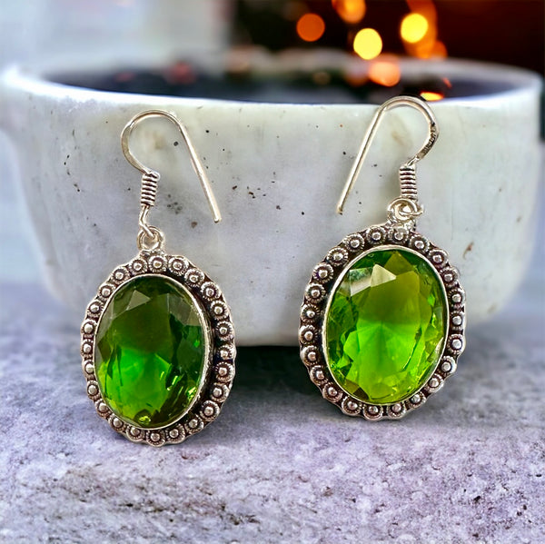 Peridot Green Natural Gemstone Oval Drop Dangle Hook .925 Sterling Silver Stamped Earrings