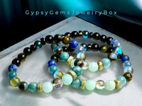 Water Element Bracelet•Aura Crystal, Amazonite, Aquamarine, Cloisonné, Apatite, Lapis Lazuli, Blue Tiger Eye, Obsidian, Blue Aura, Ebony Wood, Serpentine • Custom Size - Round Smooth Stretch (8mm) Natural Gemstone Crystal Energy Bead Bracelet