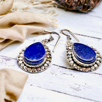 Lapis Lazuli Natural Gemstone Pear Drop Dangle Hook .925 Sterling Silver Stamped Earrings