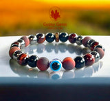 Triple Protection - Tiger Eye Red + Black Obsidian + Hematite + Evil Eye + Rosewood Custom Size Round Smooth Stretch (8mm) Natural Gemstone Crystal Energy Bead Bracelet