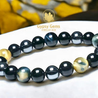 Triple Protection - Tiger’s Eye Dream Honey Yellow + Black Onyx + Hematite Round Smooth Stretch (8mm or 10mm beads) Natural Gemstone Crystal Energy Bead Bracelet