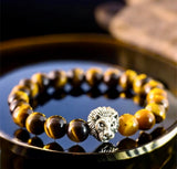 Tiger’s Eye - Yellow•Silver or Gold Lion Head Symbol•Custom Size•Round Smooth Stretch (8mm) Natural Gemstone Crystal Energy Bead Bracelet