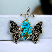 Turquoise - Copper Turquoise Natural Gemstone Marquise Butterfly Scroll Beaded Filigree .925 Sterling Silver Stamped Pendant