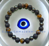 Triple Protection - Tiger Eye Yellow + Hematite + Lava Stone + Rose Wood Custom Size Round Smooth Stretch (8mm Regular Size beads or 10mm Grande Large) Natural Gemstone Crystal Energy Bead Bracelet