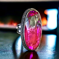 Tourmaline Bi-Color Watermelon Dichroic Natural Gemstone .925 Sterling Silver Faceted Oval Statement Ring (Size: 7.5)