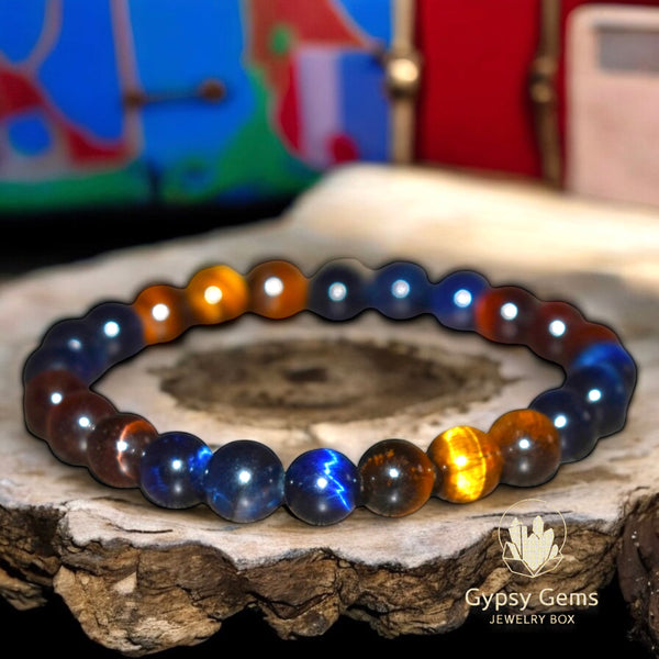 Tiger’s Eye - Red-Blue-Yellow Trio Trinity Multi Color Custom Size Round Smooth Stretch (8mm) Natural Gemstone Crystal Energy Bead Bracelet