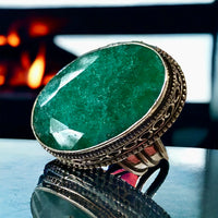 Emerald Natural Genuine Faceted Gemstone .925 Sterling Silver Oval Statement Ring (Size: 7)