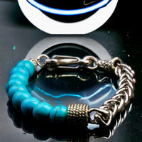 Turquoise- Blue Half Bead Half Stainless Steel Wheat Chain (8mm) Lobster Clasp Natural Gemstone Crystal Energy Bead Bracelet