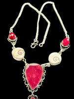 Ruby + Eye of Shiva Shell Multi Stone Natural Gemstone Pear/Oval shape .925 Sterling Silver Stamped Necklace