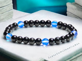 Water Element Bracelet•Blue Aura Crystal, Black Onyx•Minimalist (6mm) •Custom Size•Round Smooth Stretch Natural Gemstone Crystal Energy Bead Bracelet