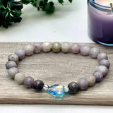 Lepidolite Purple Lilac + Opalite Heart + Clear Quartz Spacers - Custom Size Round Smooth Stretch (8mm) Natural Gemstone Crystal Energy Bead Bracelet