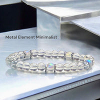 Metal Element Bracelet•Clear Quartz Crystal•Angel Aura Crystal•Silver Hematite Hexagon Spacers•Custom Size•Minimalist (6mm) Round Smooth Stretch Natural Gemstone Crystal Energy Bead Bracelet