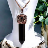 Filigree Leaf Copper Hexagonal Natural Gemstone Crystal Point Pendulum Pendant/Choose Chain