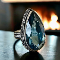 Topaz London Blue Natural Gemstone .925 Sterling Silver Faceted Pear Point Statement Ring (Size: 9.5)