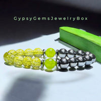 Peridot Key Lime Crystal & Peridot Olive Stone Focus Bead with Hematite•Custom Size•Round Smooth Stretch (10mm Grande) Natural Gemstone Crystal Energy Bead Bracelet