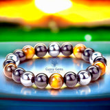 Triple Protection - Tiger Eye Yellow + Black Onyx + Hematite Custom Size Round Smooth Stretch (8mm or 10mm beads) Natural Gemstone Crystal Energy Bead Bracelet