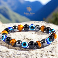 Triple Protection - Tiger Eye Yellow + Evil Eyes + Black Obsidian + Hematite Custom Size Round Smooth Stretch (8mm) Natural Gemstone Crystal Energy Bead Bracelet