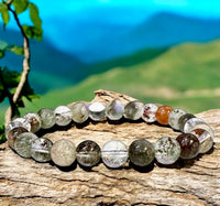 Quartz - Lodolite Garden Phantom Quartz - aka: Scenic Quartz, Landscape Quartz, Garden Quartz, and Phantom Quartz - Custom Size (8mm) Round Stretch Natural Gemstone Crystal Energy Bead Bracelet