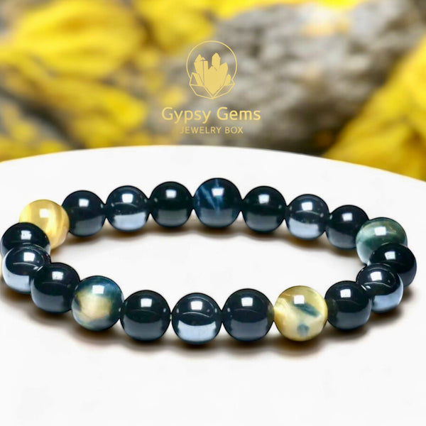 Triple Protection - Tiger’s Eye Dream Honey Yellow + Black Onyx + Hematite Round Smooth Stretch (8mm or 10mm beads) Natural Gemstone Crystal Energy Bead Bracelet