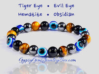 Triple Protection - Tiger Eye Yellow + Evil Eyes + Black Obsidian + Hematite Custom Size Round Smooth Stretch (8mm) Natural Gemstone Crystal Energy Bead Bracelet